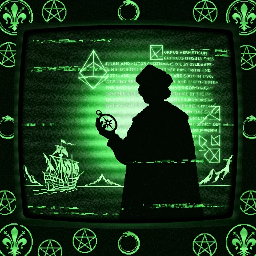 A mystical, esoteric illustration in dark green monochrome CRT terminal aesthetic. A high-contrast silhouette of Christopher Columbus holding a …