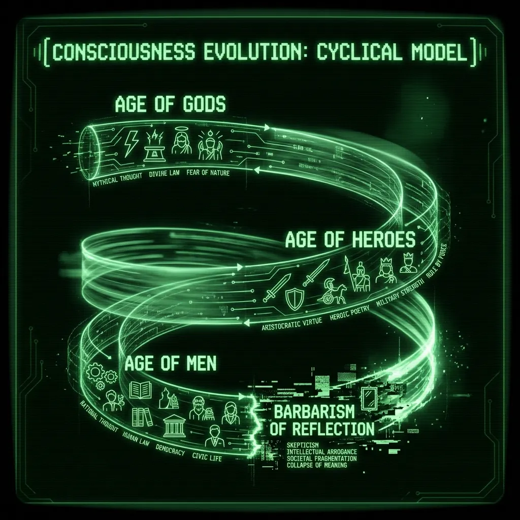 A holographic, spiraling schematic diagram representing Giambattista Vico's 'Corsi e Ricorsi' (Cycles of Consciousness). Three distinct phases are …