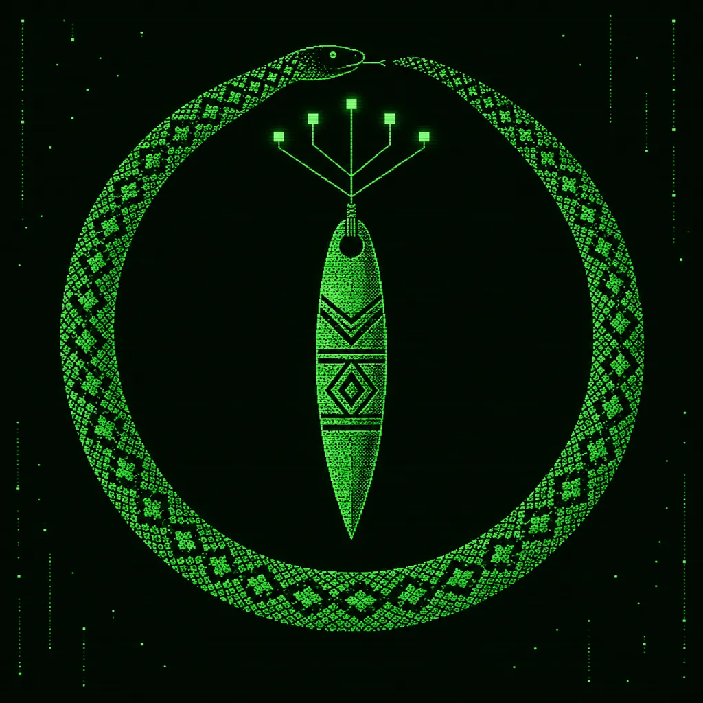 A green phosphor serpent encircles a pierced Ice Age blade and a branching tree of stories.