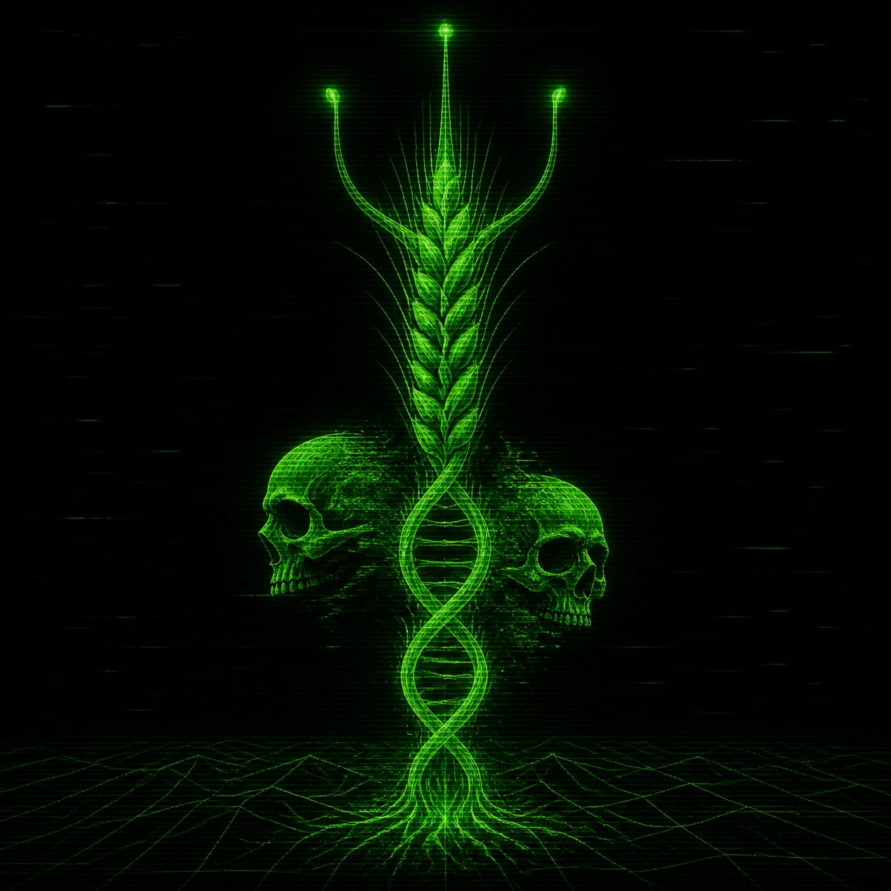 AI-generated cover Skulls dissolve into a wheat-DNA antenna like a forbidden agricultural genetics sigil recovered from a corrupted 1980s mainframe.