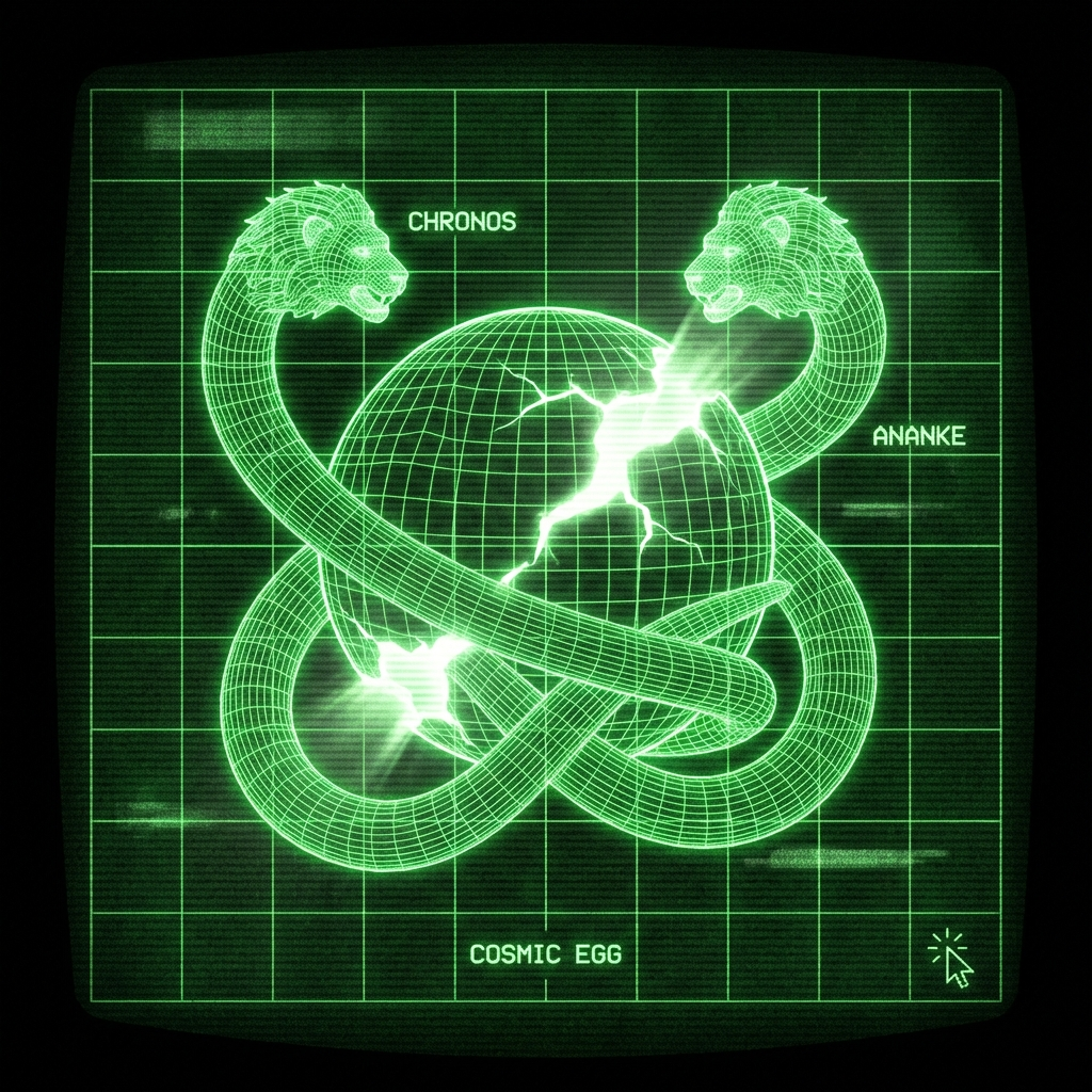 A technical green phosphor illustration (#00e300 on #0a0a0a). A glowing 3D wireframe cosmic egg at the center of a grid, being coiled by two glowing …