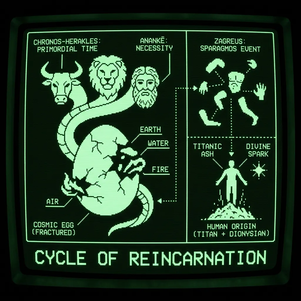 A digitized ancient cosmogony schematic. Chronos-Herakles as a multi-headed serpent (bull, lion, human visages) coils around a fractured cosmic egg, …