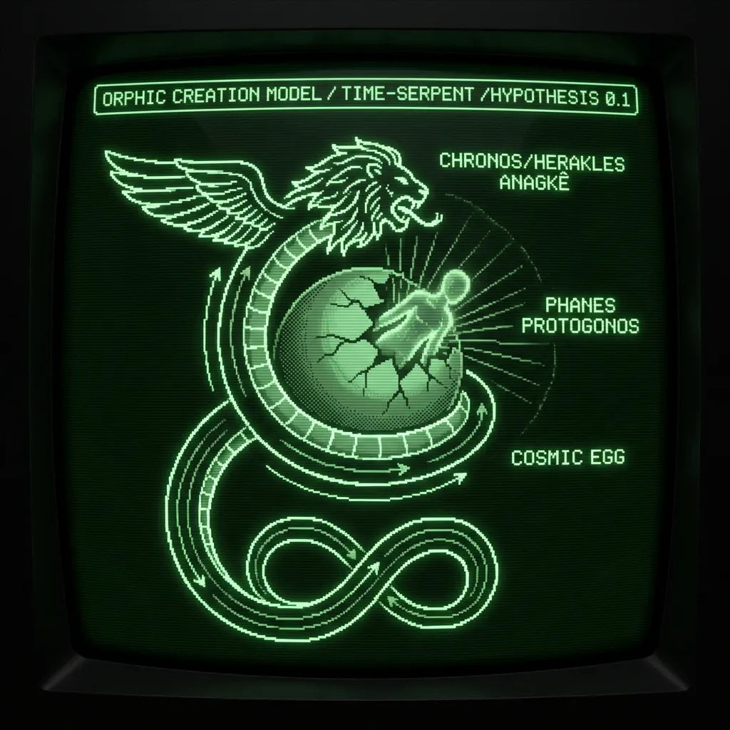A complex Orphic cosmogony schematic. A winged, lion-headed serpent, labelled "CHRONOS/HERAKLES / ANAGKÊ", coils around a central, cracked "COSMIC …