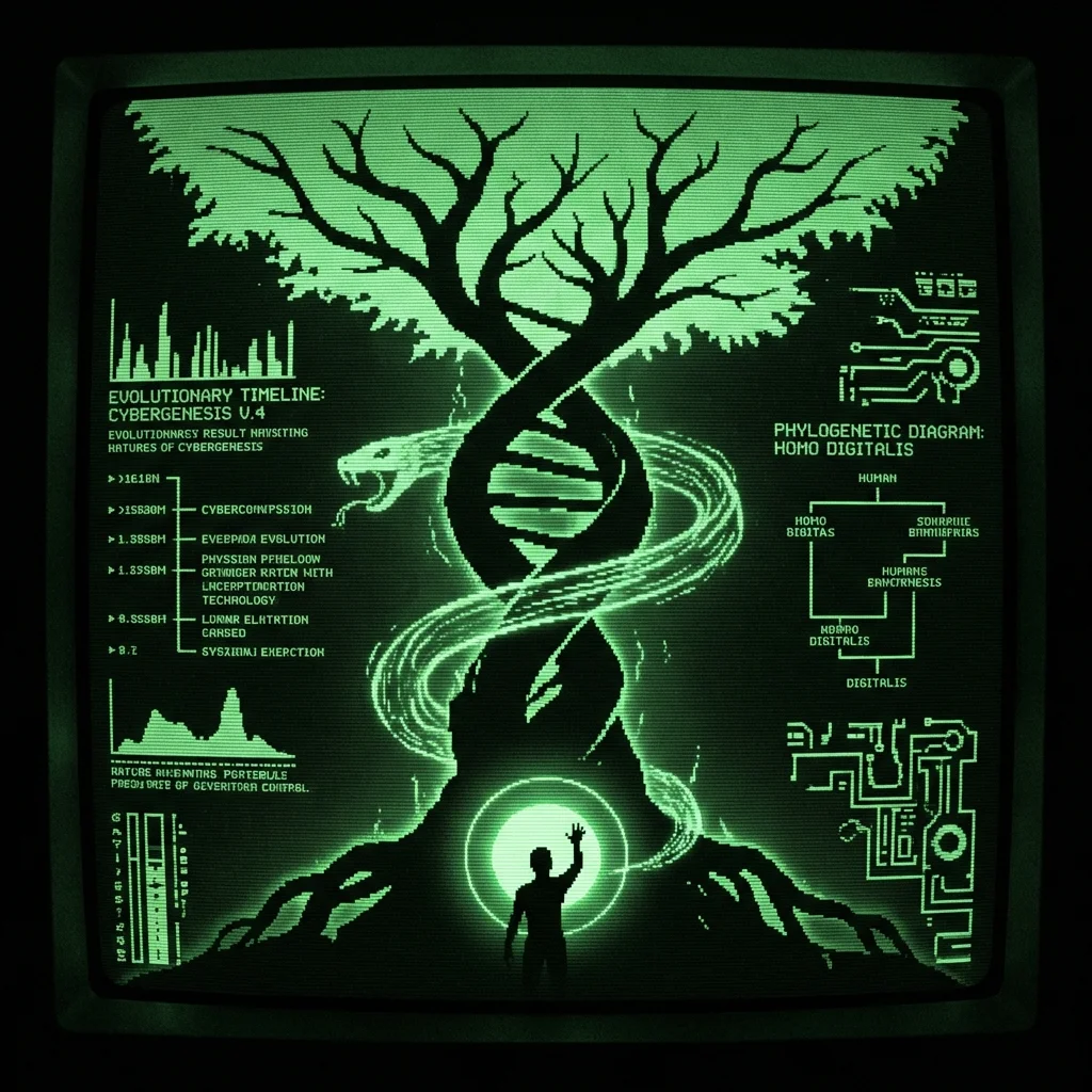 A mystical, esoteric illustration in dark green monochrome CRT terminal aesthetic. A high-contrast silhouette of the Tree of Knowledge stands center …