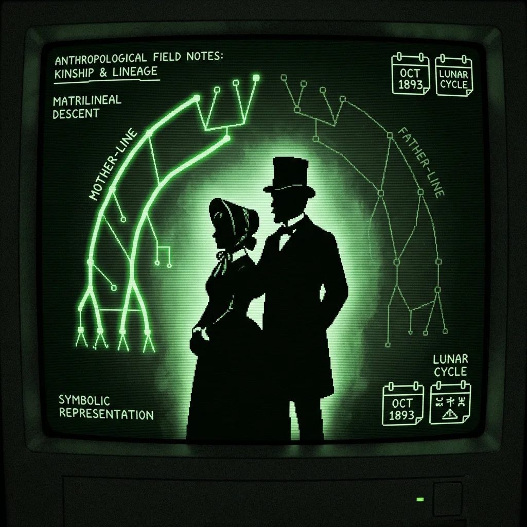A mystical, esoteric illustration in dark green monochrome CRT terminal aesthetic. A high-contrast silhouette of a Victorian-era couple - man guarding …