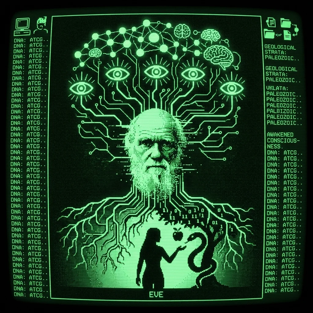 A mystical, esoteric illustration in dark green monochrome CRT terminal aesthetic. Darwin's face dissolves into a branching evolutionary tree that …