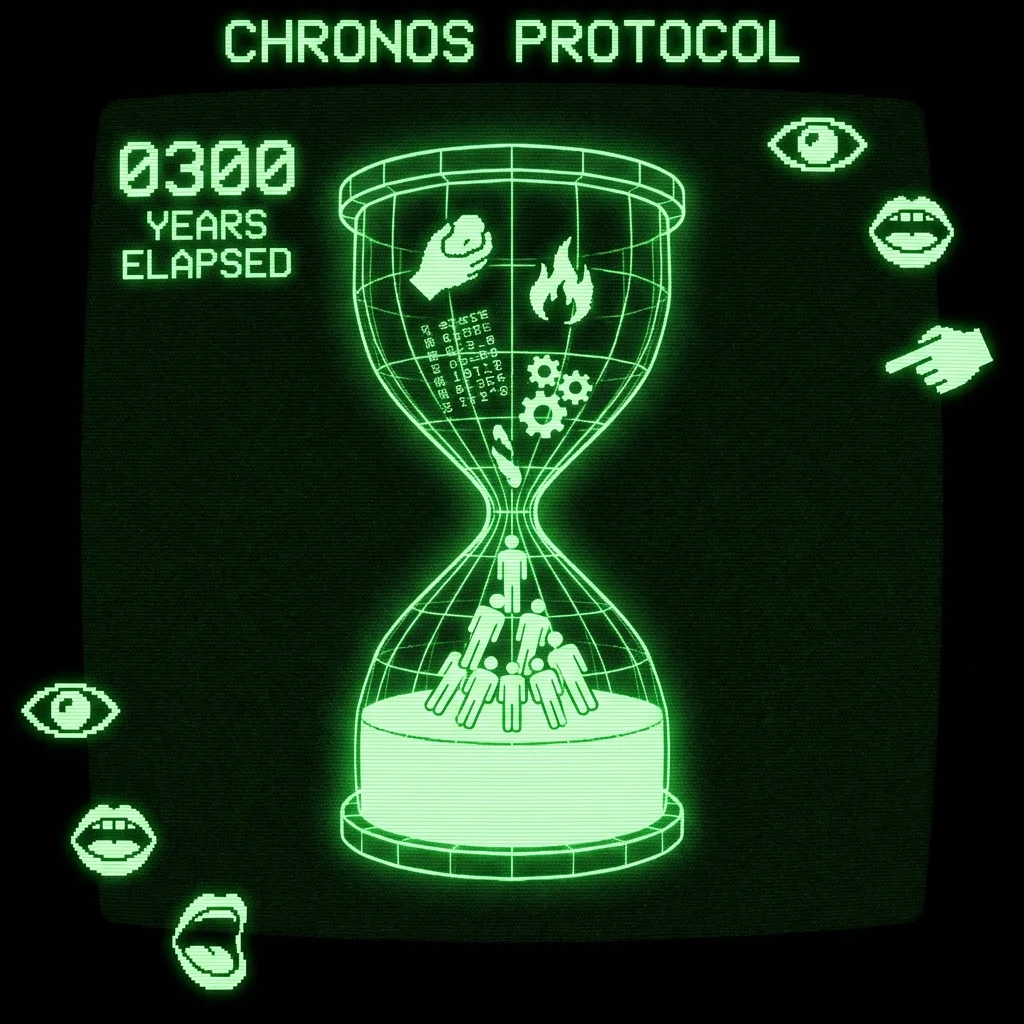 A mystical, esoteric illustration in dark green monochrome CRT terminal aesthetic. A 3D wireframe hourglass at center, but instead of sand, cultural …