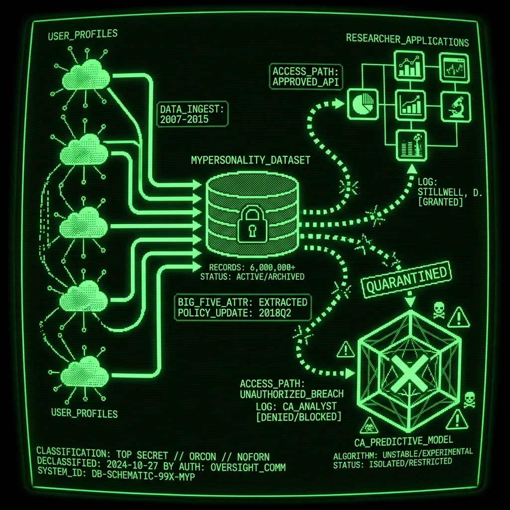 A complex data flow diagram, rendered as a declassified database schematic. Abstract nodes representing 'USER_PROFILES' are shown feeding into a …
