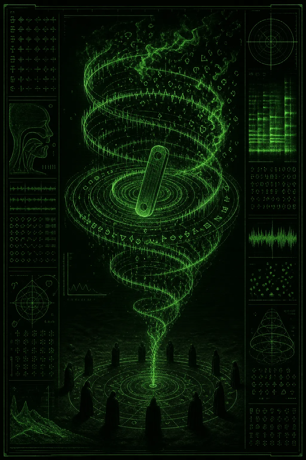 A mystical, esoteric illustration in dark green monochrome CRT terminal aesthetic. A dead ritual song appears as a 3D green wireframe spiral of sound …