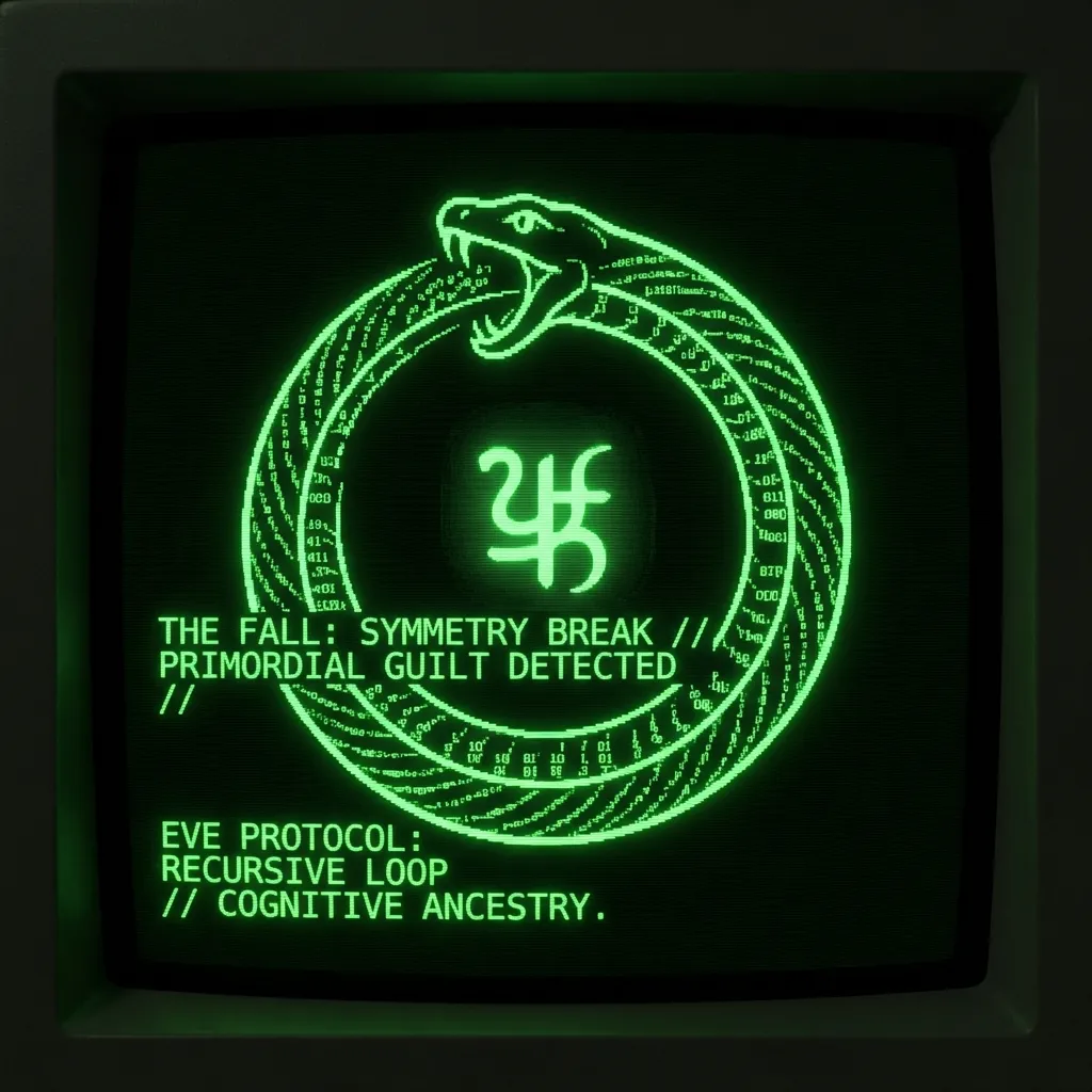 An ancient codex—digitized by unknown hands—reveals a stylized Ouroboros serpent, its body formed from spiraling lines of code and data, coiling …