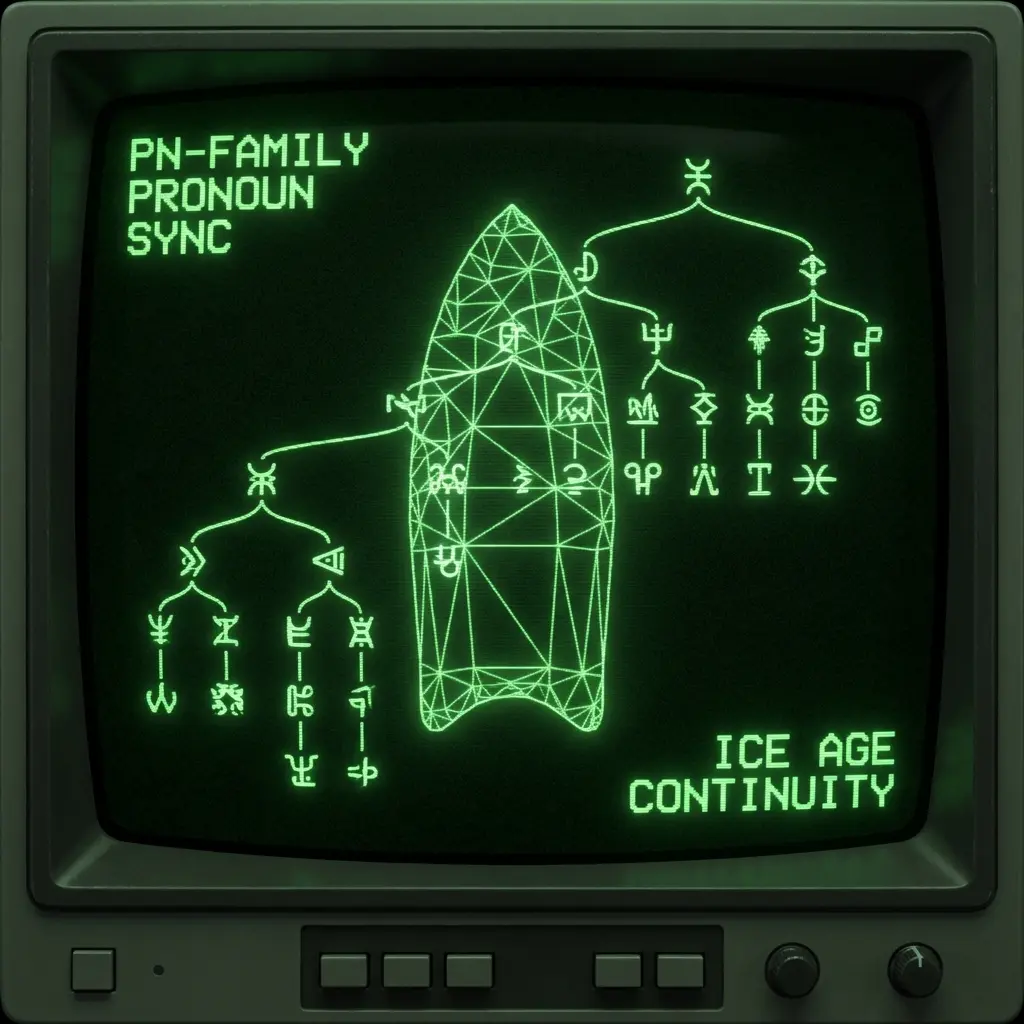 A mystical, esoteric illustration in dark green monochrome CRT terminal aesthetic (#00e300 on #0a0a0a). A 3D wireframe Clovis point overlaid with a …