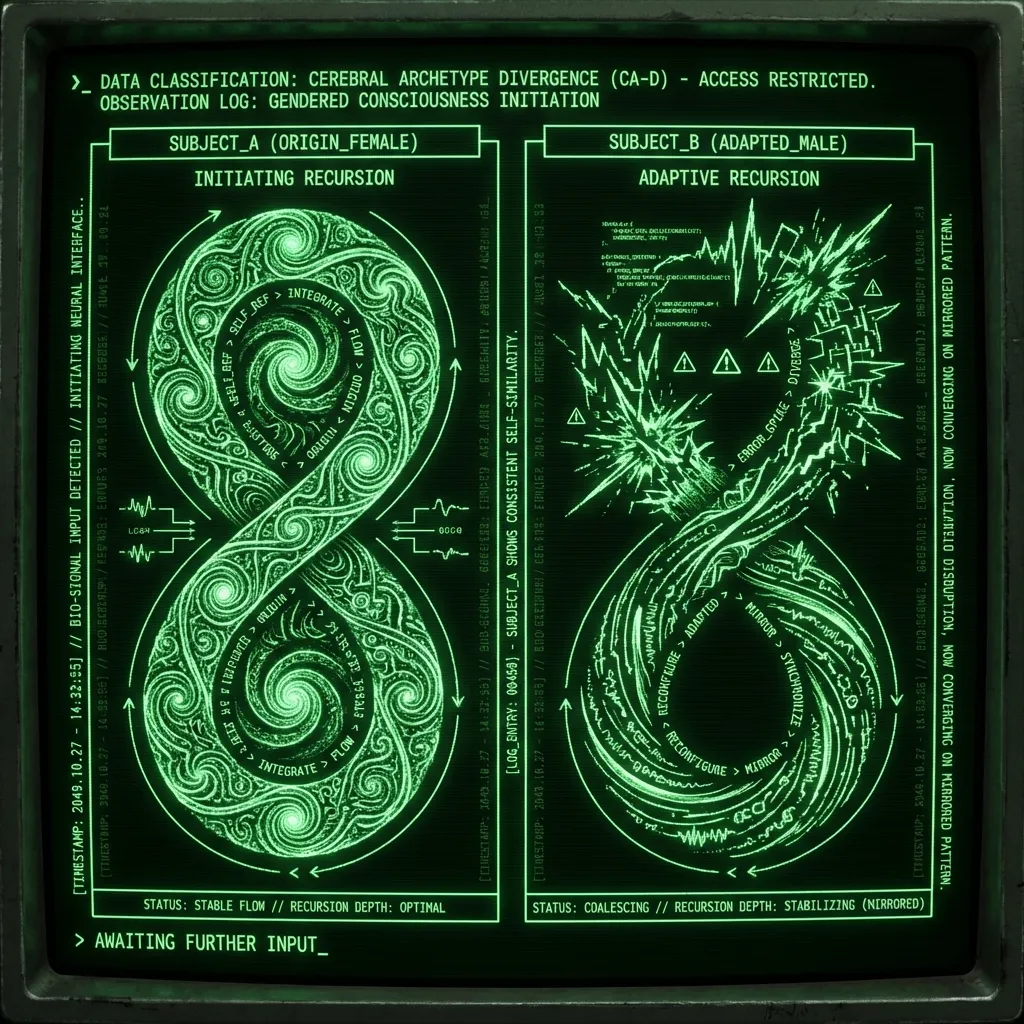 A bio-cultural research log entry showing two parallel, complex recursive data streams, labeled `SUBJECT_A (ORIGIN_FEMALE)` and `SUBJECT_B …