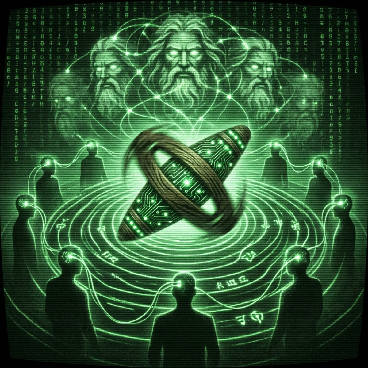 Dark green monochrome CRT aesthetic. A massive bullroarer artifact spinning at the center of the composition, generating concentric waves of sound …