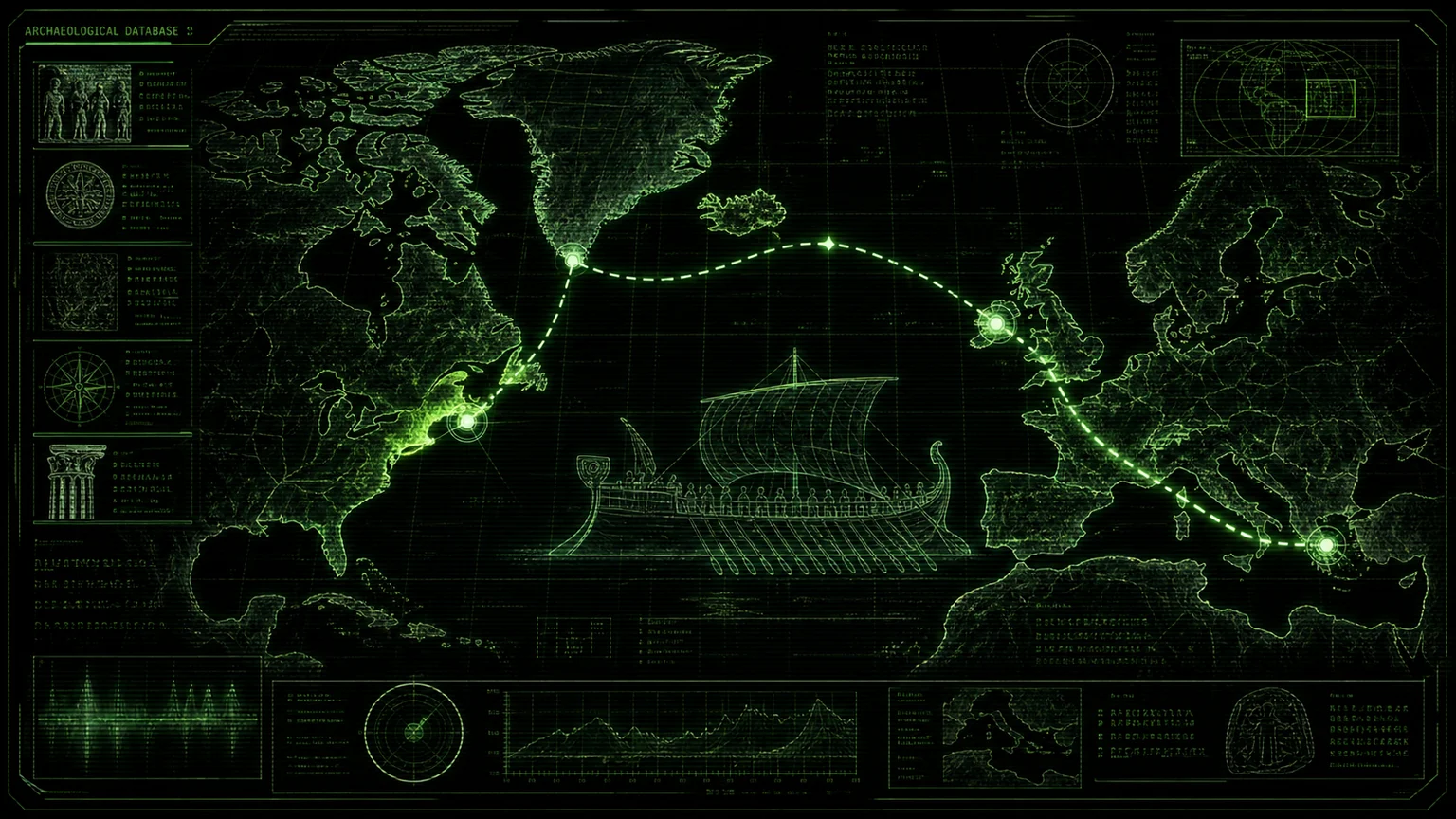 AI-generated cover A dark archaeological database screen with black background, green phosphor scanlines, and archival cartography. A speculative North Atlantic Odyssey …