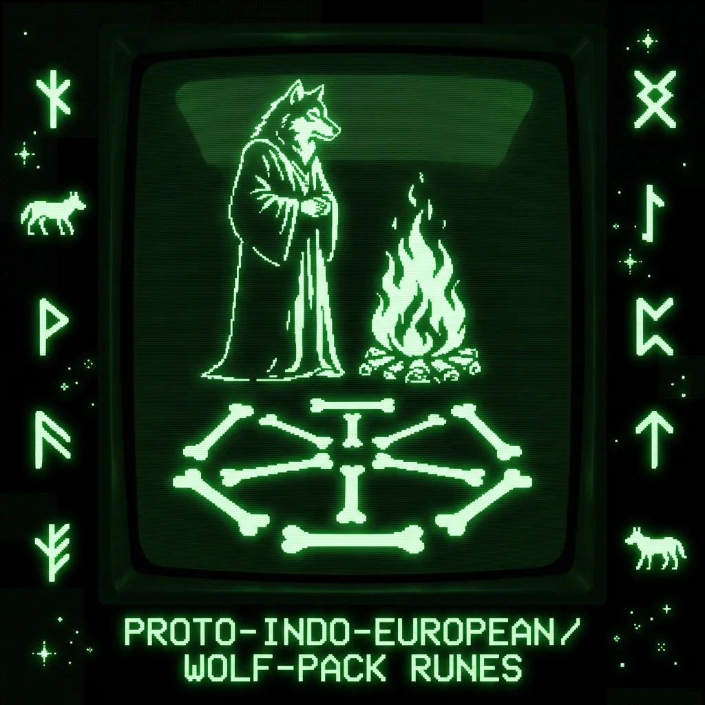 A mystical, esoteric illustration in dark green monochrome CRT terminal aesthetic. A high-contrast silhouette of a wolf-headed warrior stands over a …