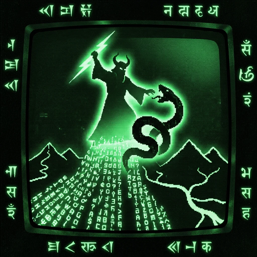A mystical, esoteric illustration in dark green monochrome CRT terminal aesthetic. A high-contrast storm god silhouette strikes downward with …