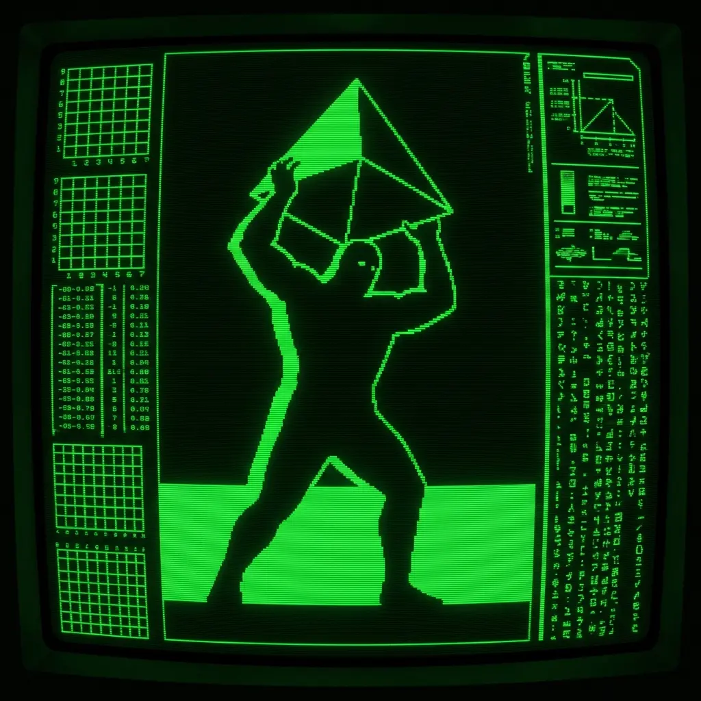 A mystical, esoteric illustration in dark green monochrome CRT terminal aesthetic. A massive, high-contrast silhouette of a colossal humanoid …