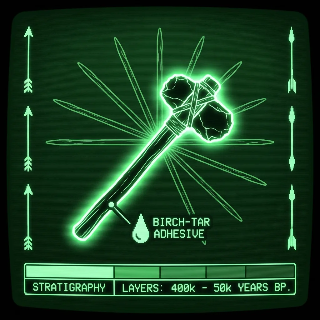 A mystical, esoteric illustration in dark green monochrome CRT terminal aesthetic. A high-contrast visualization of a hafted stone axe against a …