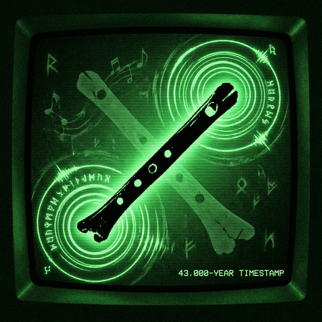 A mystical, esoteric illustration in dark green monochrome CRT terminal aesthetic. A high-contrast silhouette of the Hohle Fels vulture bone flute …