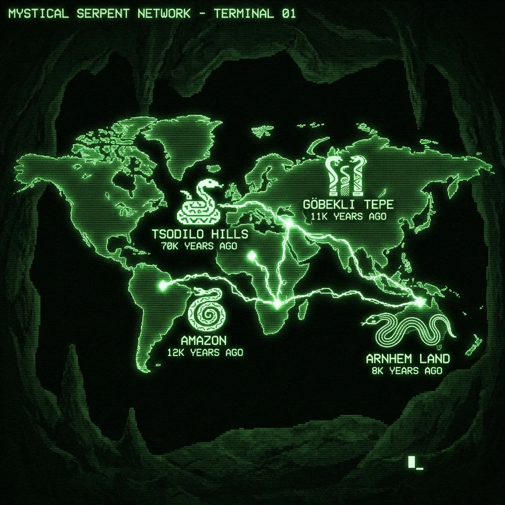 A mystical, esoteric illustration in dark green monochrome CRT terminal aesthetic. A high-contrast world map shows snake art locations glowing at key …