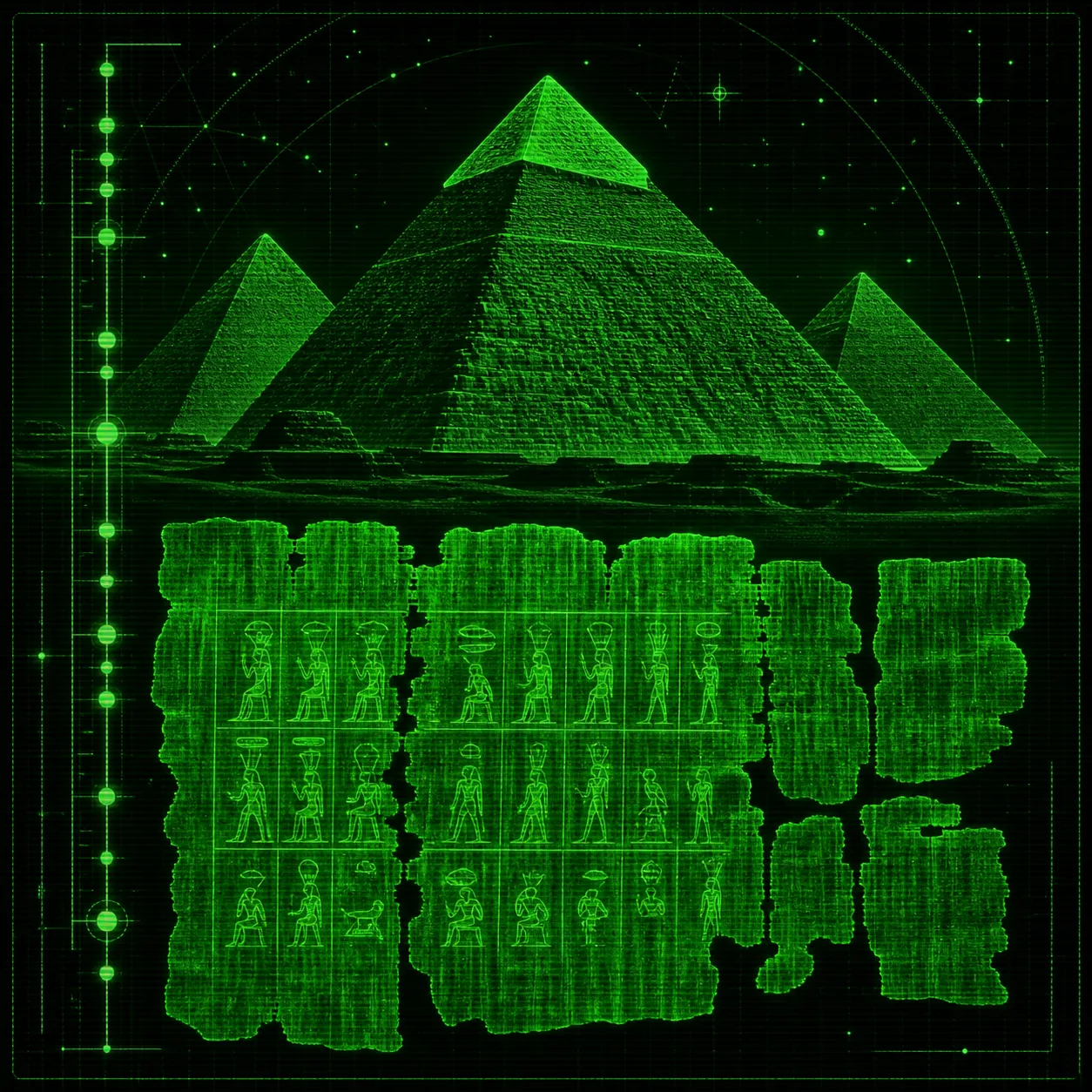AI-generated cover A dark green monochrome CRT-terminal illustration of the Giza pyramids at night, unmistakably visible and monumental, with the Great Pyramid dominant …