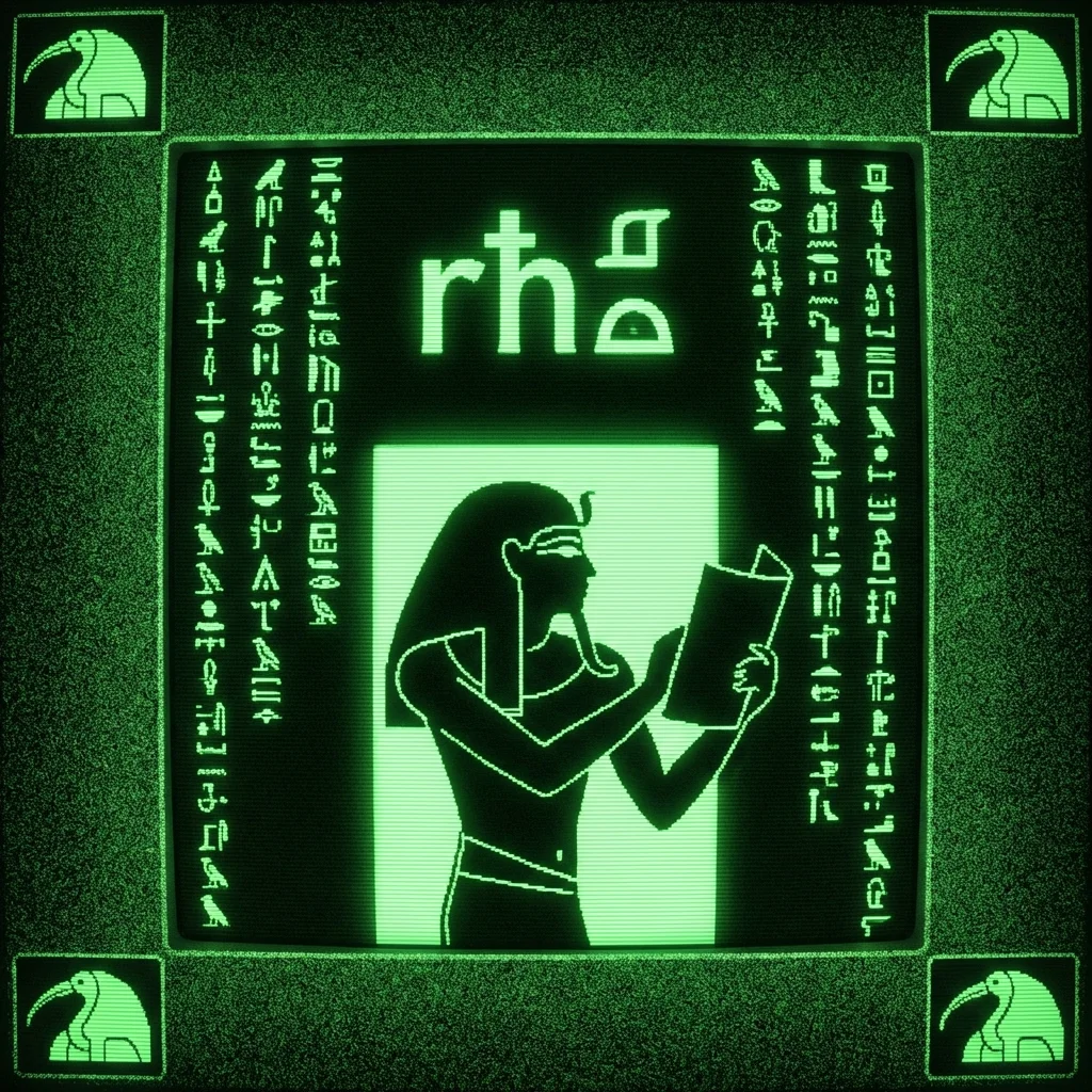 A mystical, esoteric illustration in dark green monochrome CRT terminal aesthetic. A high-contrast silhouette of an Egyptian lector priest holding a …