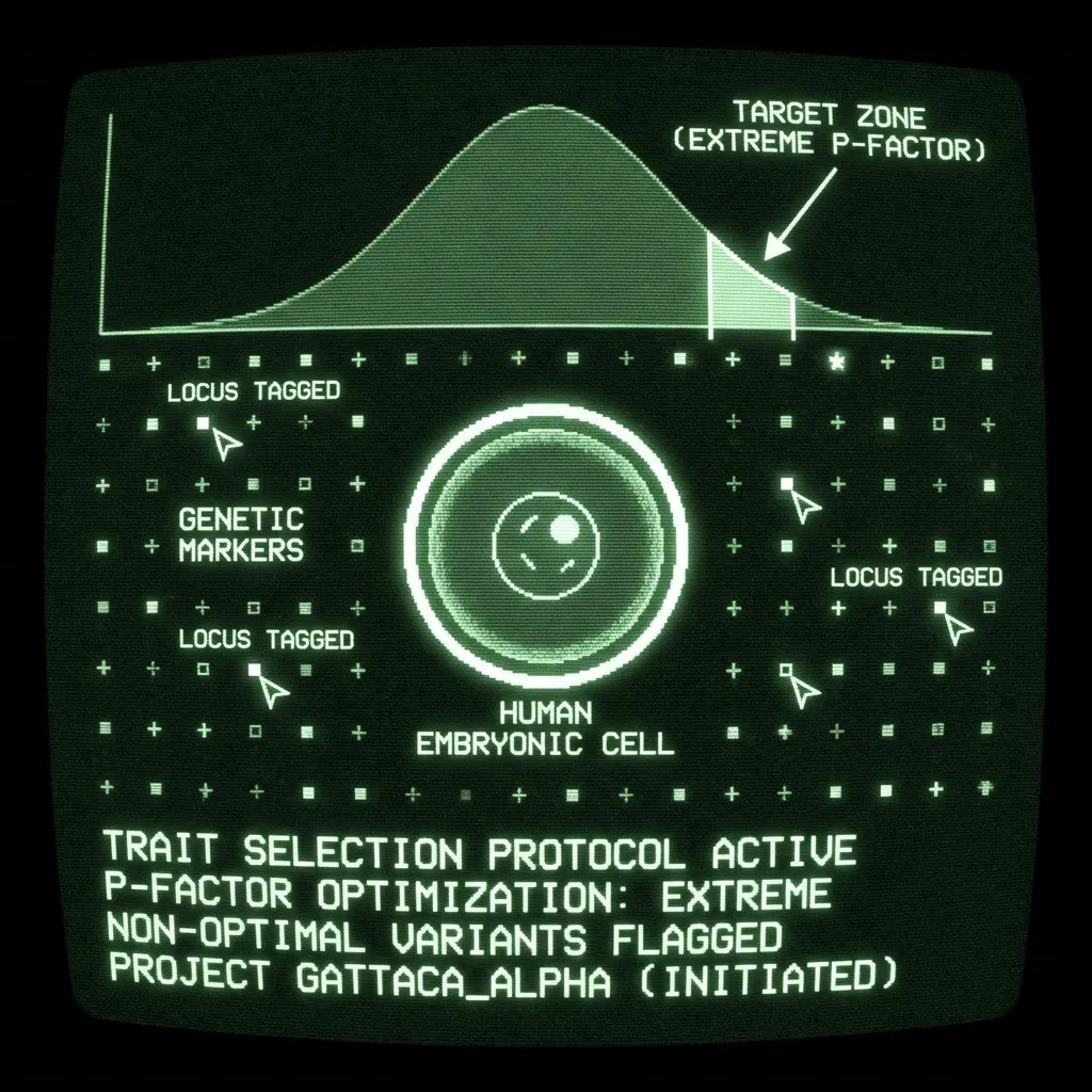 A stark, diagrammatic representation of a human embryonic cell, glowing faintly. Surrounding it, a grid of genetic markers pulses, with several …