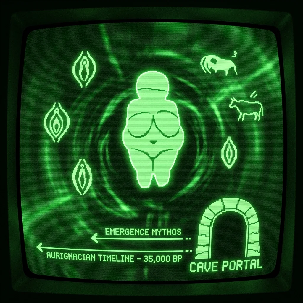 A mystical, esoteric illustration in dark green monochrome CRT terminal aesthetic. A high-contrast silhouette of the Hohle Fels Venus figurine (35,000 …