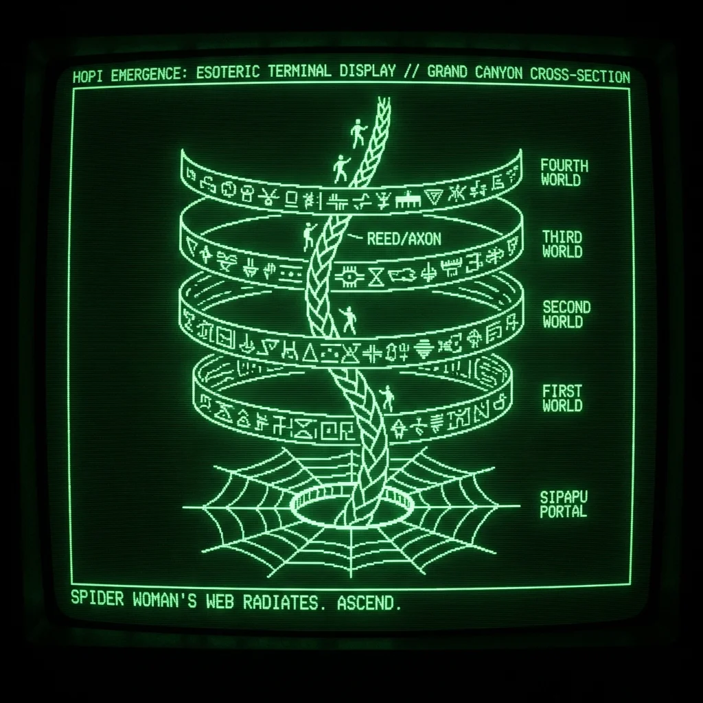 A mystical, esoteric illustration in dark green monochrome CRT terminal aesthetic. A high-contrast cross-section of a Hopi sipapu emergence portal in …
