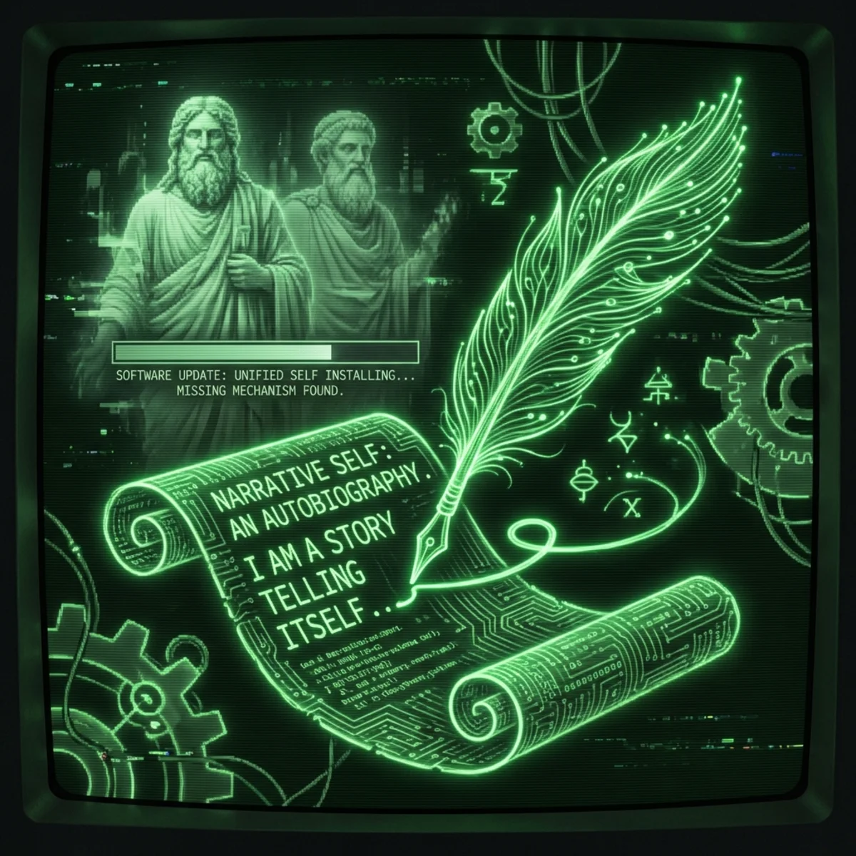 Phosphor green illustration. Daniel Dennett's narrative self rendered as a story being written by itself—a quill pen made of neural pathways writes …