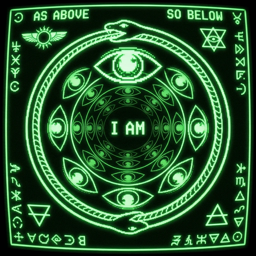 A mystical, esoteric illustration in dark green monochrome CRT terminal aesthetic. A mirror recursion effect showing an eye viewing itself viewing …