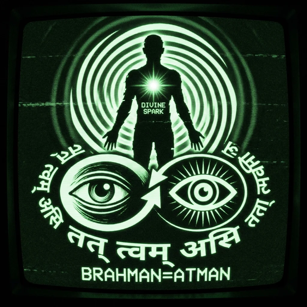 A mystical, esoteric illustration in dark green monochrome CRT terminal aesthetic. A high-contrast silhouette of Meister Eckhart's 'divine spark' …