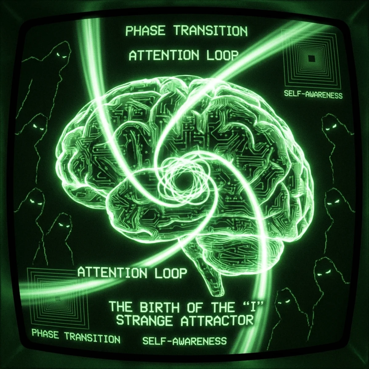 Esoteric dark green phosphor illustration. A human brain rendered as glowing circuitry with attention beams that loop back on themselves, forming a …