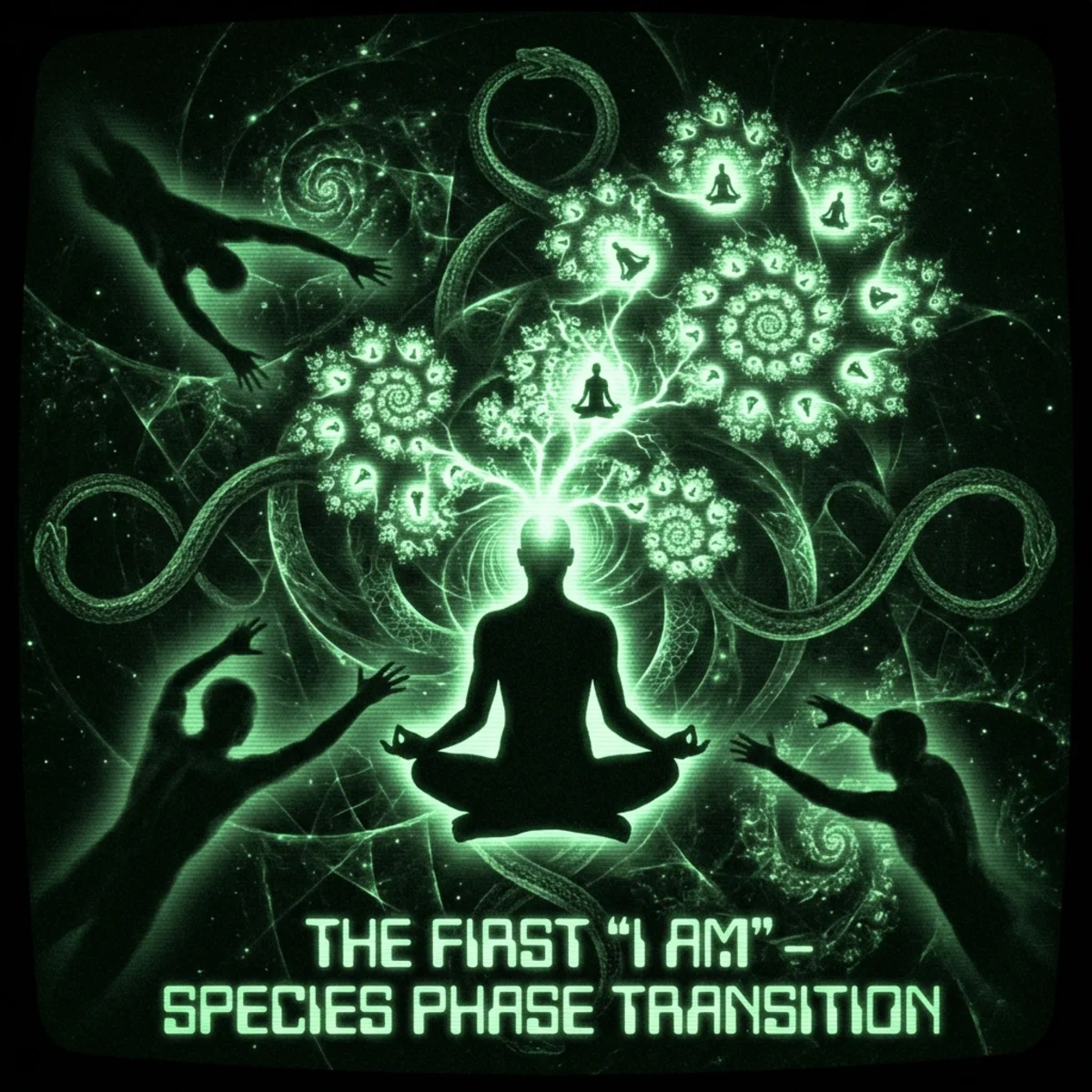 Esoteric illustration in glowing dark green monochrome. A human silhouette sits in lotus position at the center of a vast dark space. From the …