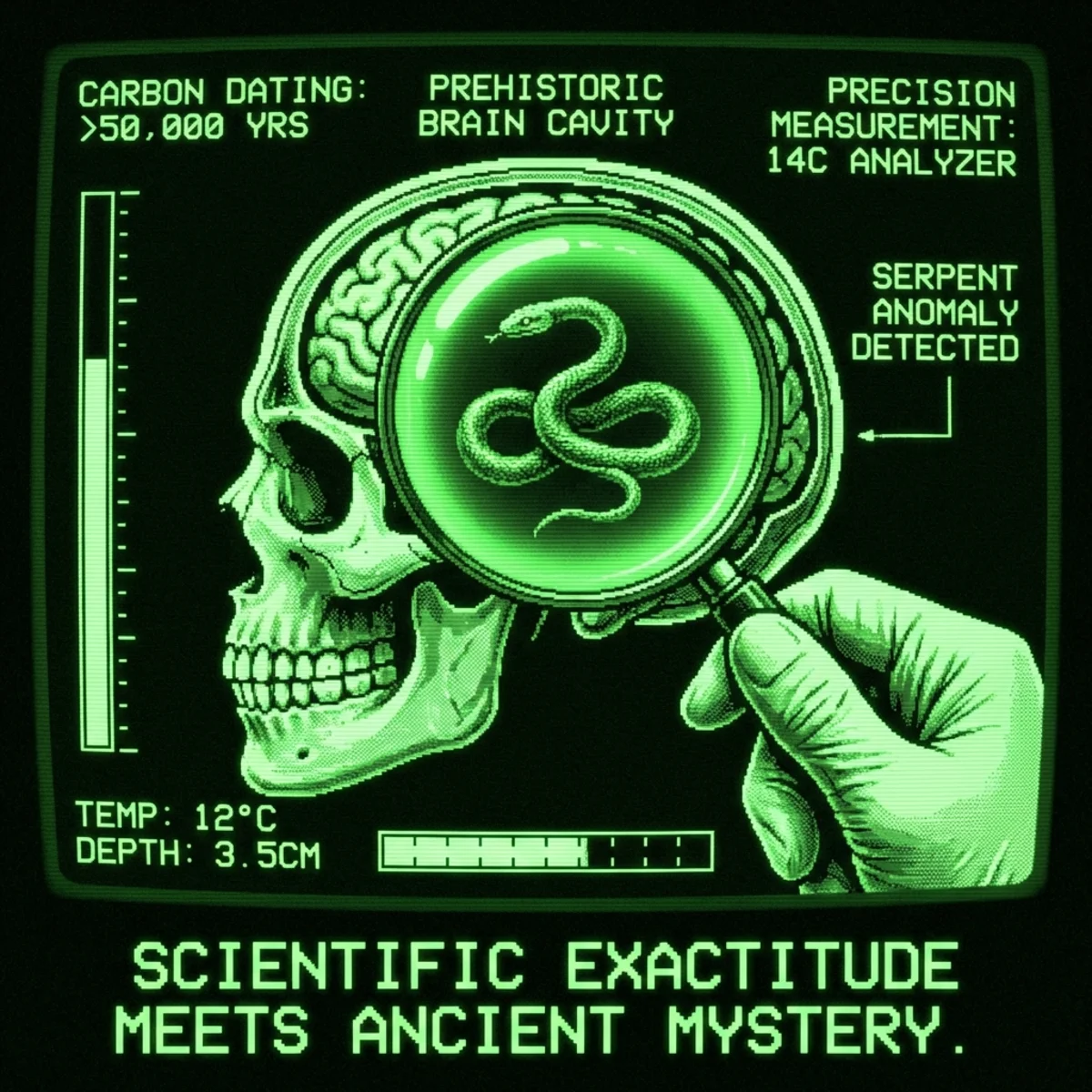 Dark green CRT phosphor aesthetic. A Venus figurine (Paleolithic goddess statue) glows with inner phosphor light as data streams emanate from her …