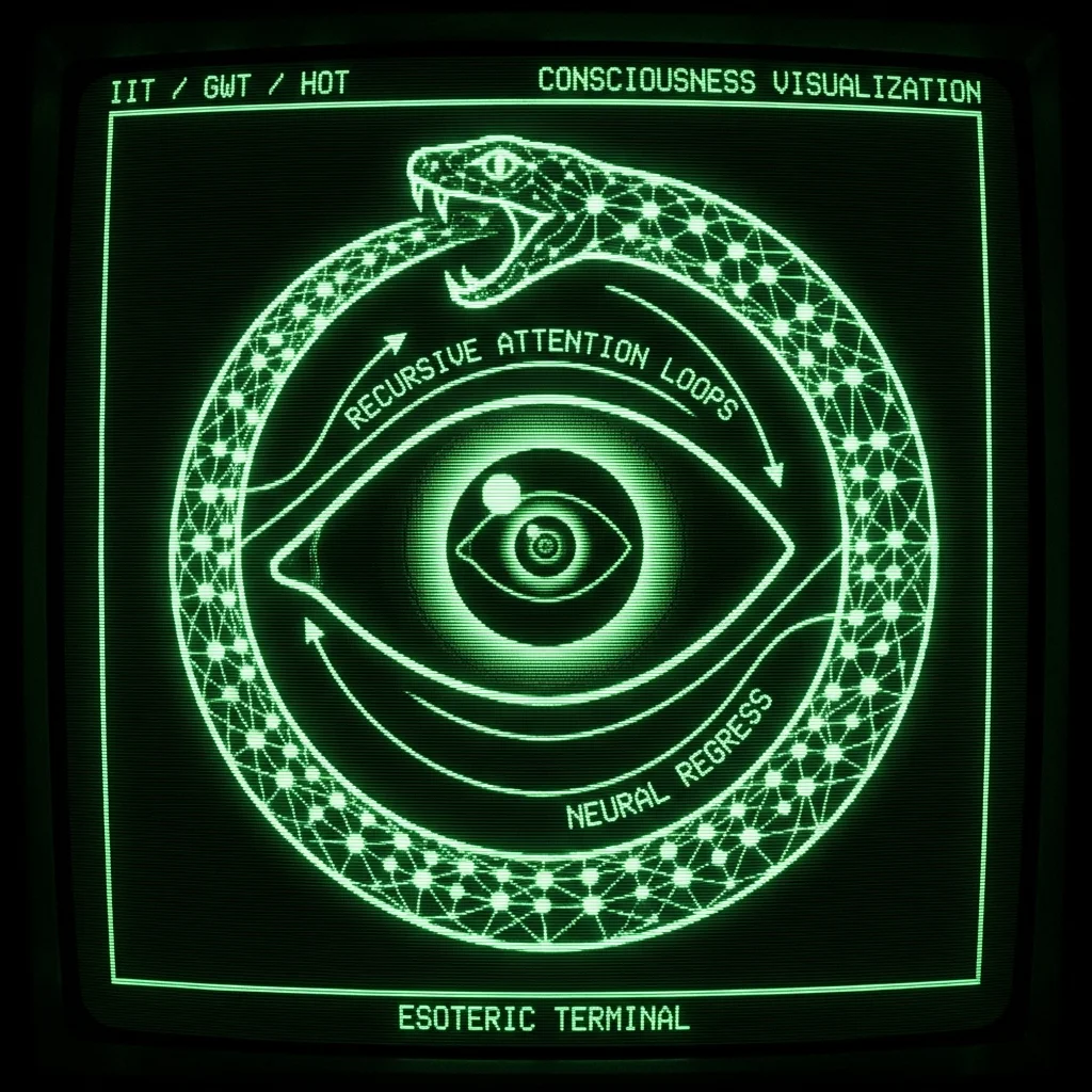 A mystical, esoteric illustration in dark green monochrome CRT terminal aesthetic. A high-contrast visualization of recursive attention loops against …