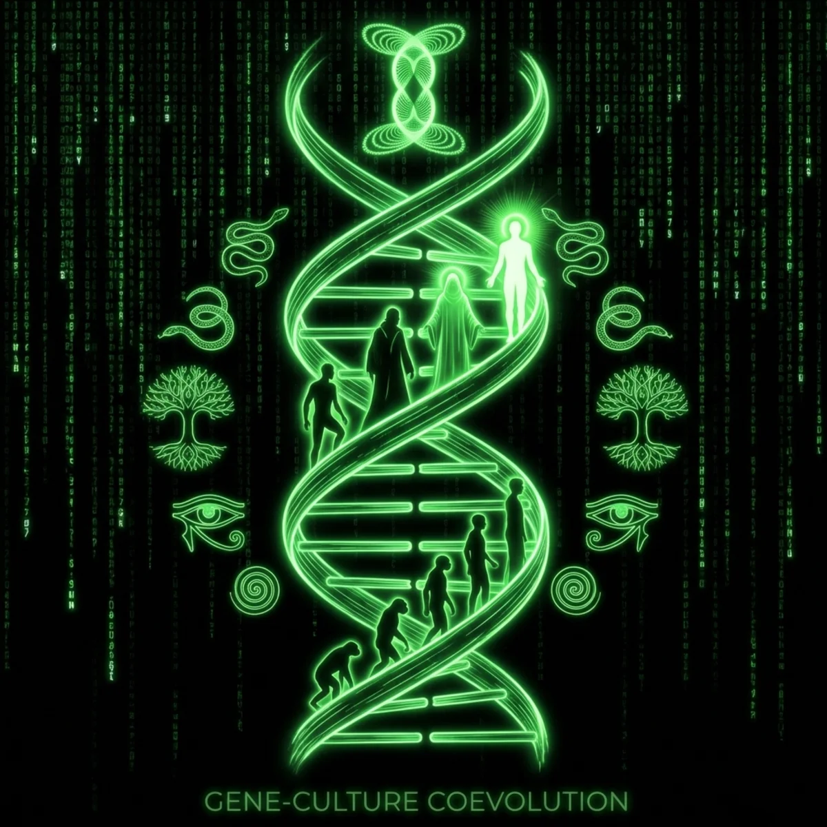 Epic esoteric illustration in dark green phosphor. A central female figure stands at a nexus point where all of human consciousness radiates …