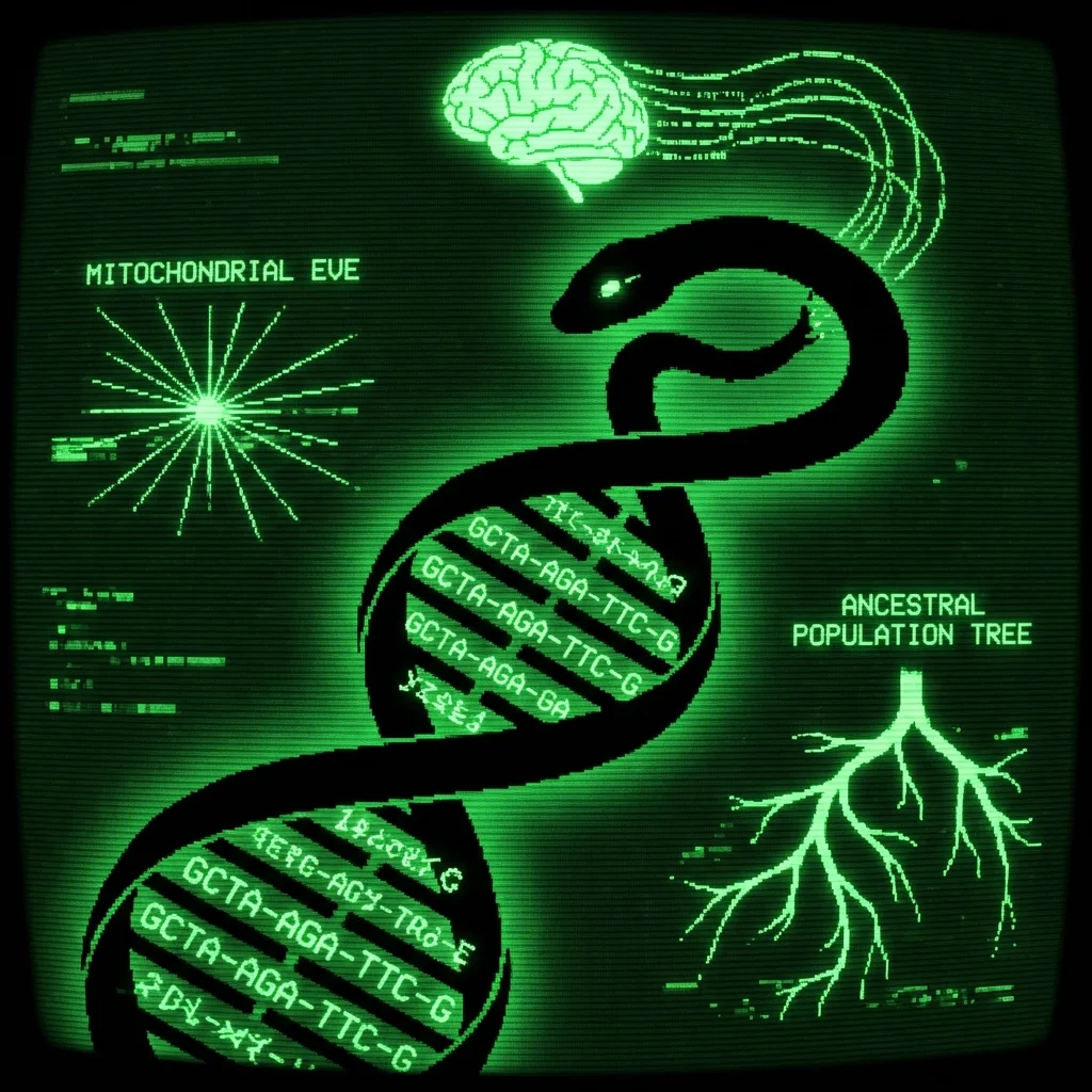 A mystical, esoteric illustration in dark green monochrome CRT terminal aesthetic. A high-contrast silhouette of a DNA double helix spirals upward, …