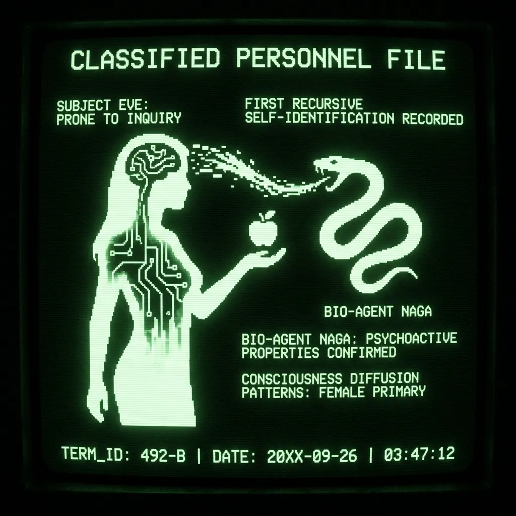 A classified personnel file displaying a stark, pixelated silhouette of a female figure (labeled 'SUBJECT EVE: PRONE TO INQUIRY') reaching towards a …
