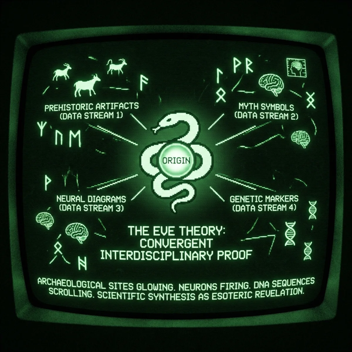 Dark green CRT aesthetic. A serpent coiled at center with evidence radiating outward: prehistoric ritual artifacts, myth symbols, neural diagrams, …