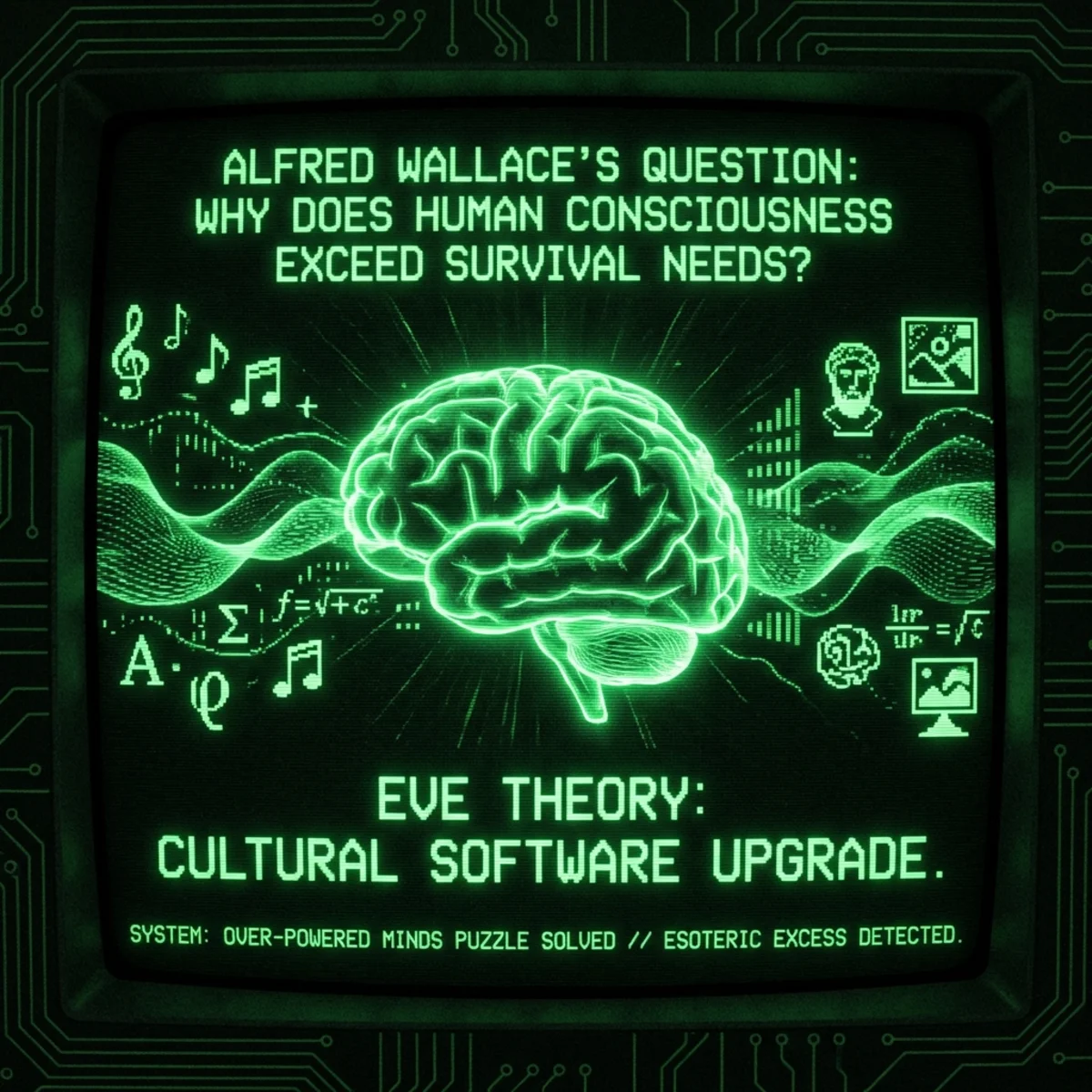 Dark CRT green aesthetic. Alfred Wallace's question visualized: why does human consciousness exceed survival needs? A brain radiates capacities far …