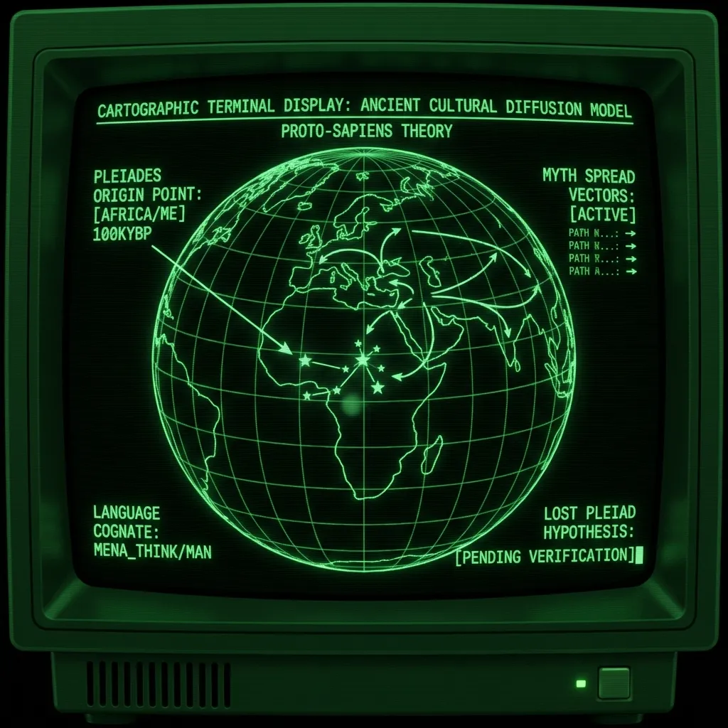 A wireframe globe rotates slowly, highlighting ancient cultural diffusion paths connecting continents. A stylized Pleiades constellation, with one …