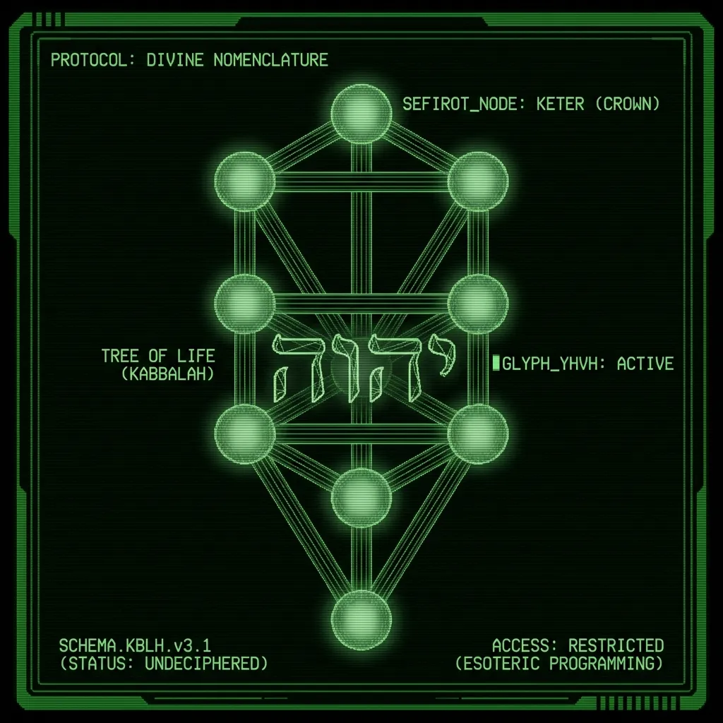 A schematic diagram, a digitized ancient codex. A stylized Tree of Life (Kabbalah) emerges, its sefirot nodes glowing faintly. Interlocking wireframe …