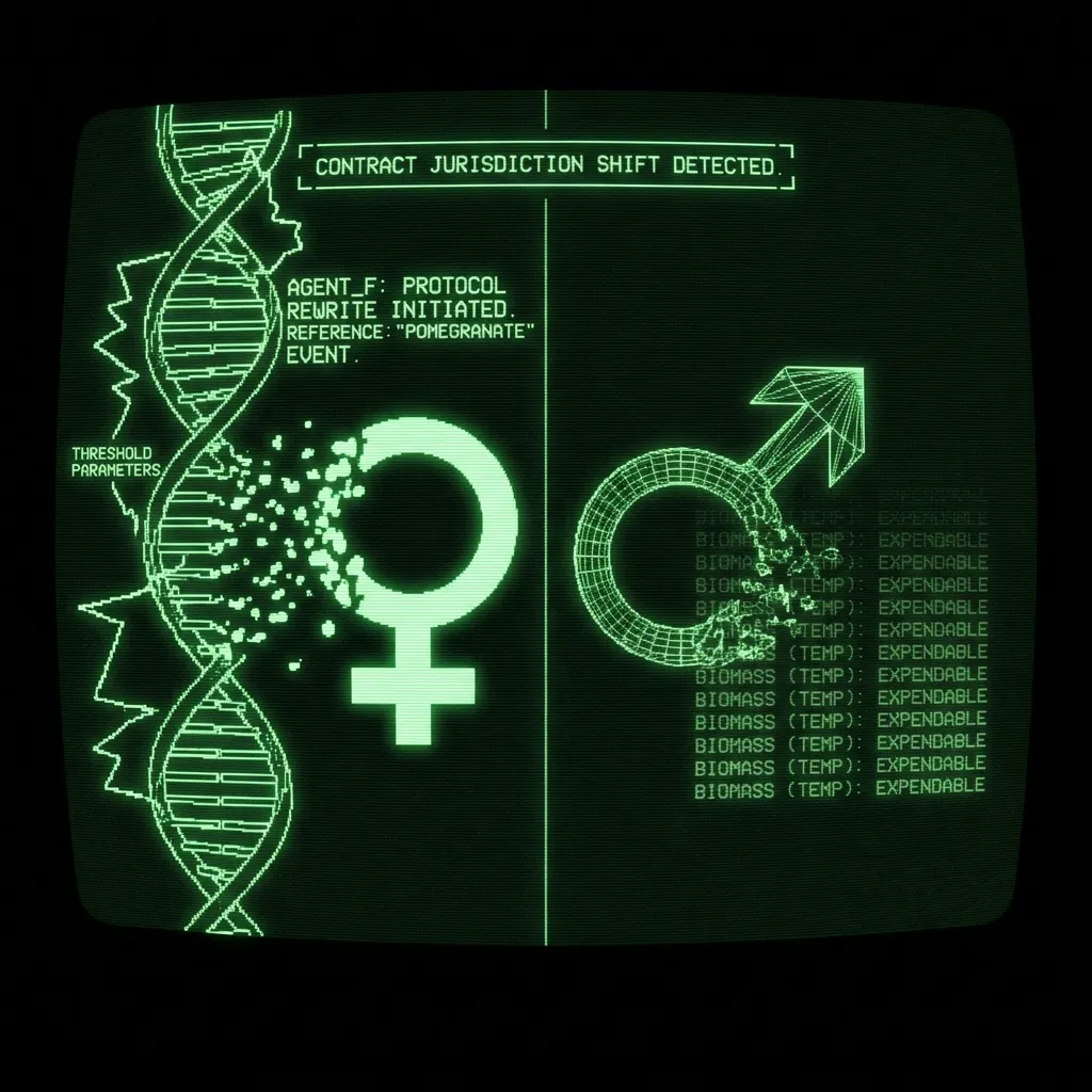 A genetic research log displays a bifurcated data stream. On one side, a schematic of a human DNA helix, intricately interwoven with lines …