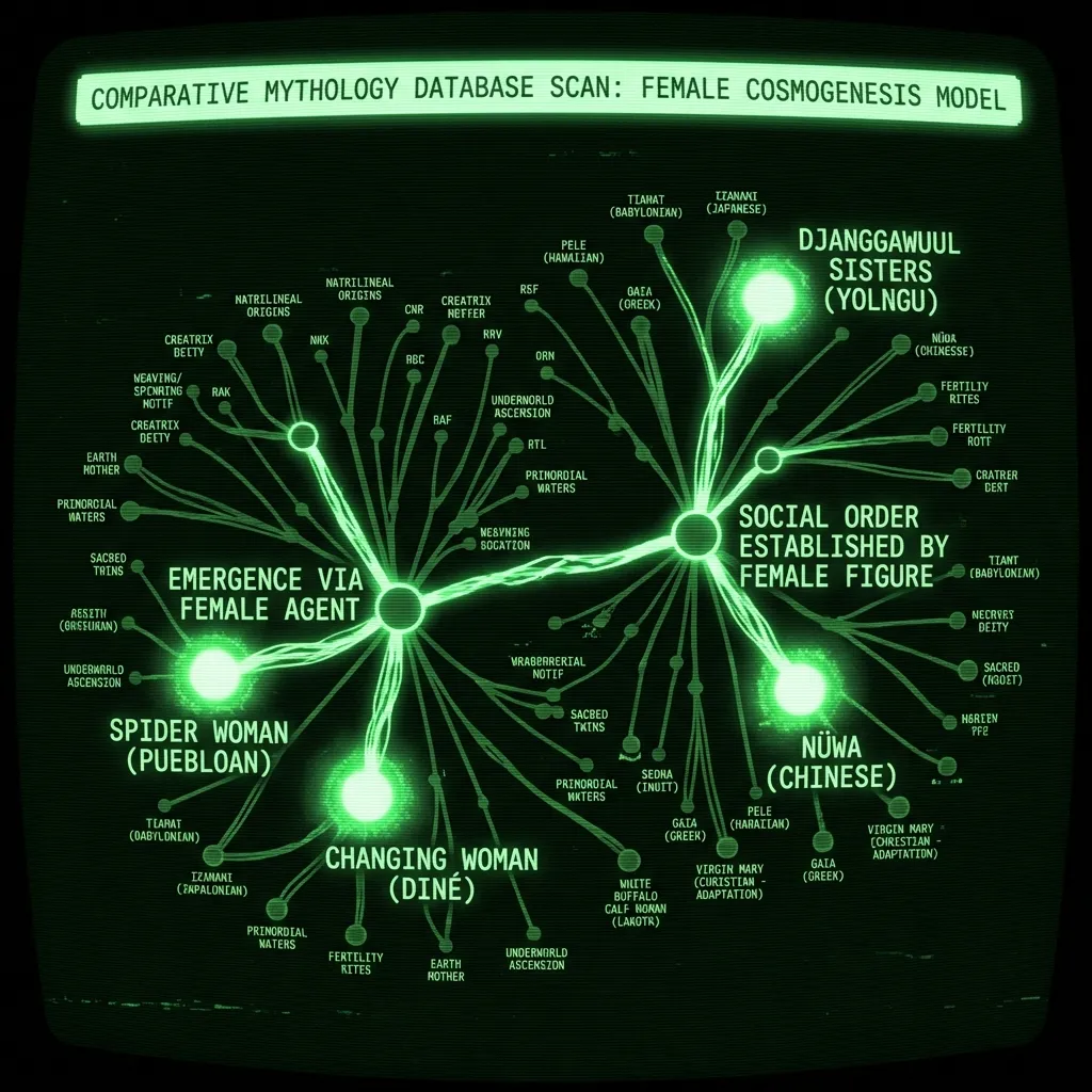 A complex phylogenetic network diagram clusters mythic motifs. Branches connect nodes for 'EMERGENCE VIA FEMALE AGENT' and 'SOCIAL ORDER ESTABLISHED …
