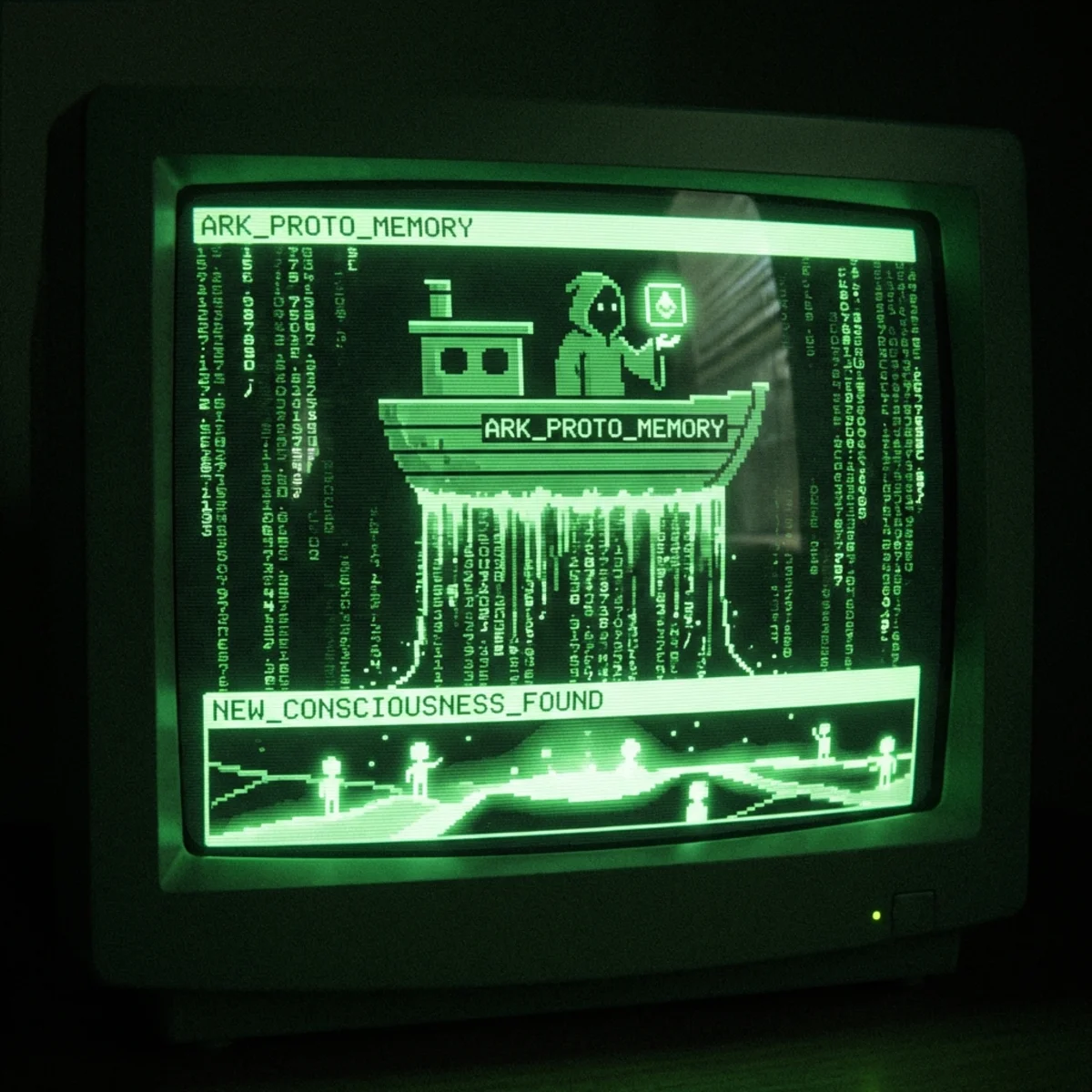 Dark green CRT aesthetic. A deluge of water rendered as cascading green data. An ark carries the flood hero—Noah, Utnapishtim, and lesser-known …