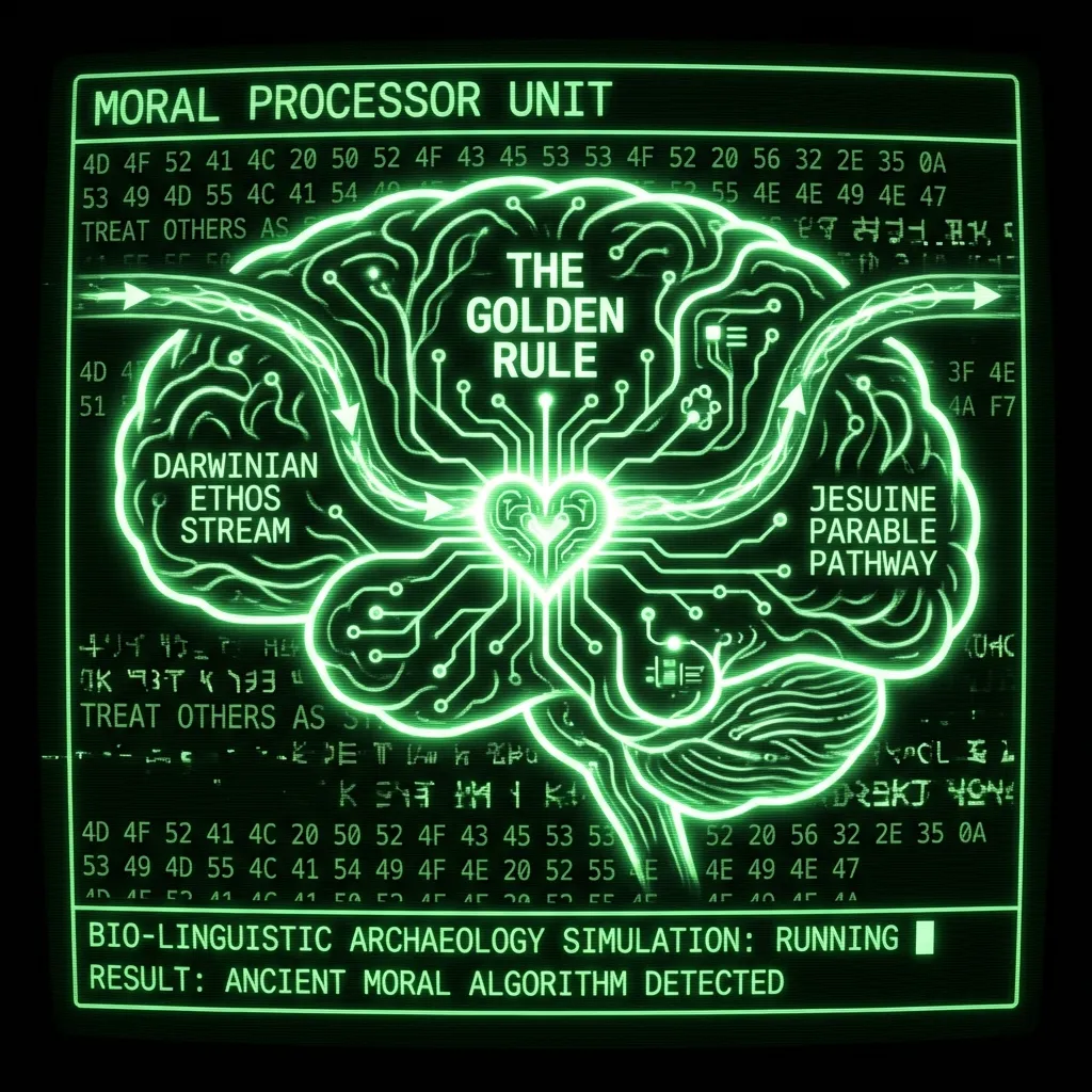 A retro-futuristic biological schematic of a human 'moral processor' unit, depicted as interconnected circuits and energy conduits within a stylized …
