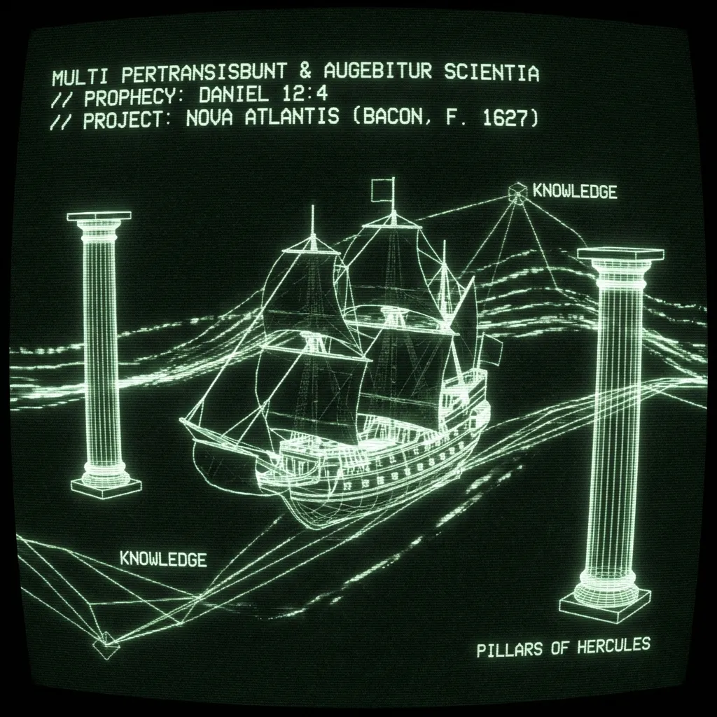 An archaeological database scan of a digitized historical document. A schematic diagram of a 17th-century galleon sails beyond stylized Pillars of …