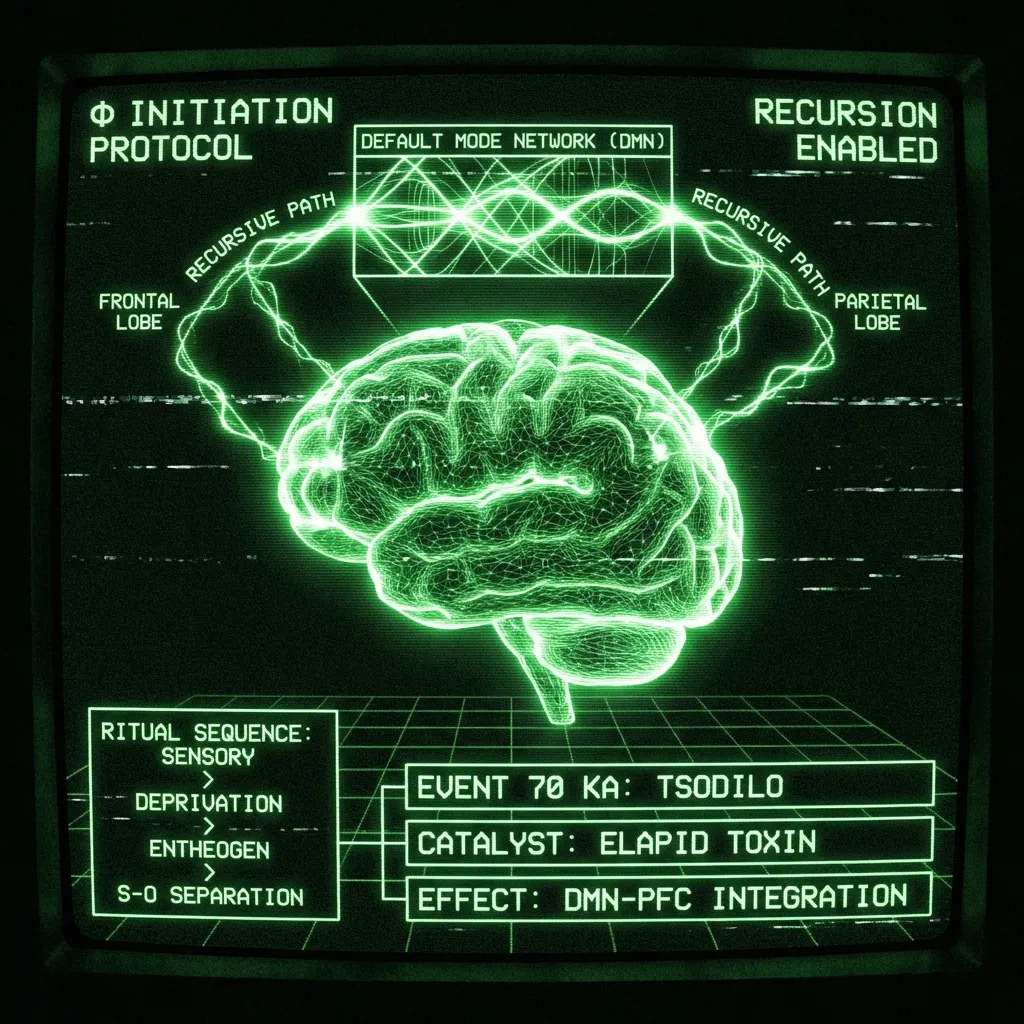 A recovered archaeological database scan displays a stylized 3D wireframe brain. The Default Mode Network (DMN) pulses with heightened activity, and …
