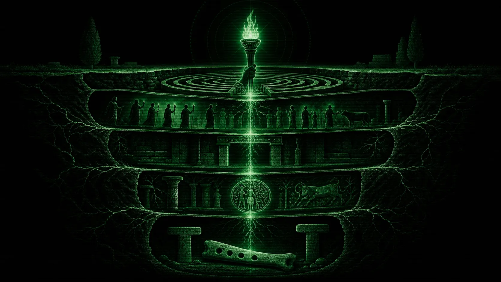 AI-generated cover A strict 16:9 monumental archaeological cutaway in monochrome green phosphor on near-black. An Eleusinian torch rises above a circular labyrinth; …